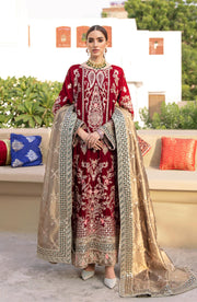 Latest Pakistani Red Dress in Velvet by Designer