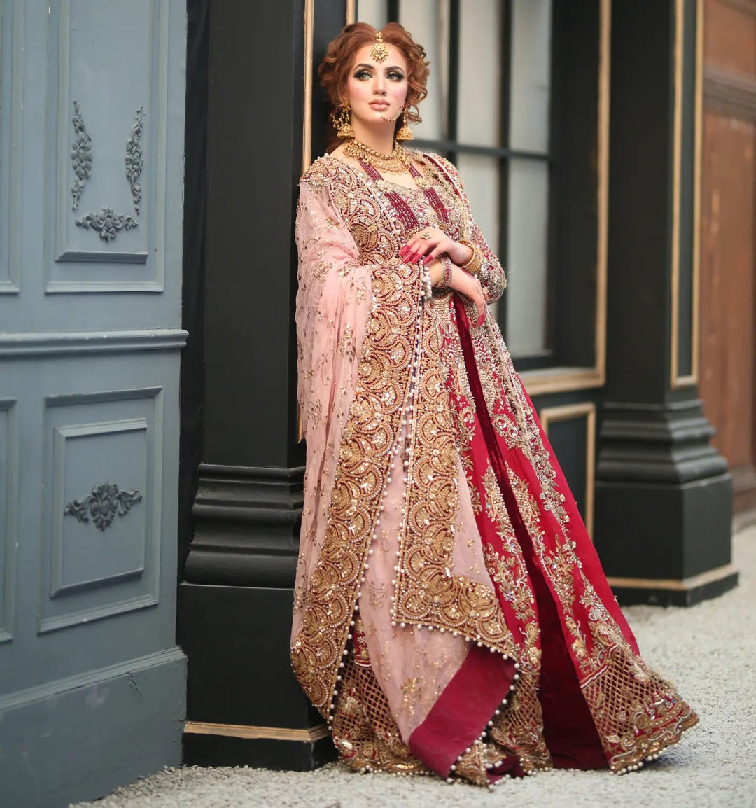 Elegant Pakistani Bridal Lehenga with Front Open Gown