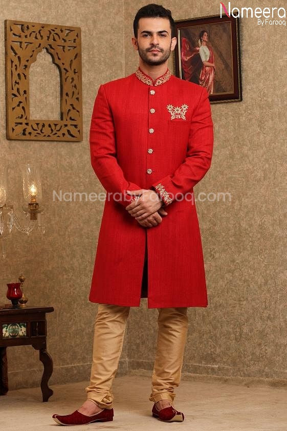 Latest Pakistani Red Sherwani for Groom 2021 Front Look
