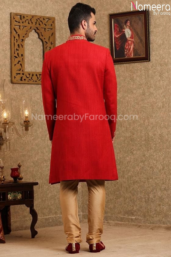 Latest Pakistani Red Sherwani for Groom 2021 Back side
