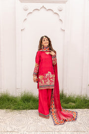 Latest Pakistani Reddish Pink Kameez Trouser and Dupatta Dress
