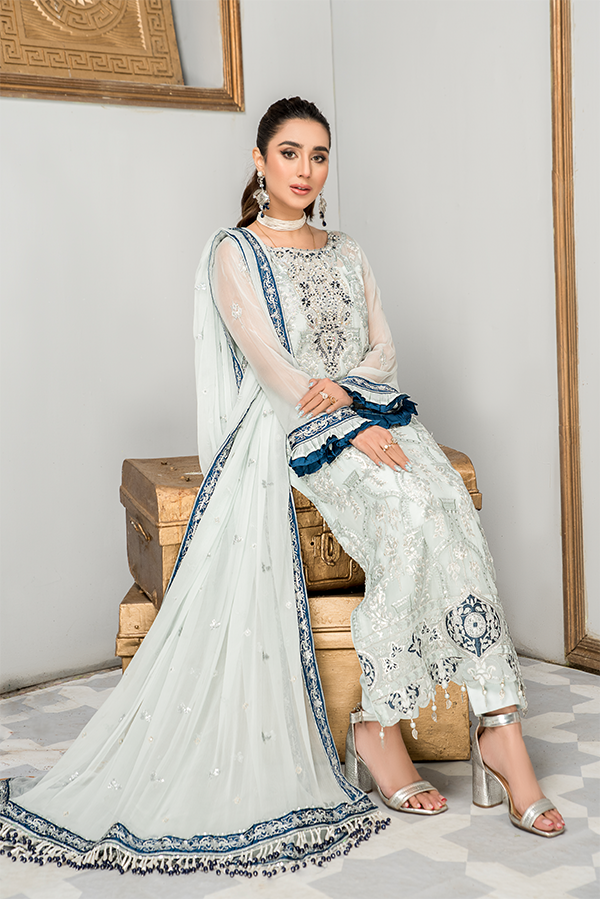 Latest Pakistani Salwar Kameez in Ice Blue Shade 2022
