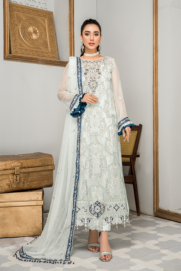 Latest Pakistani Salwar Kameez in Ice Blue Shade