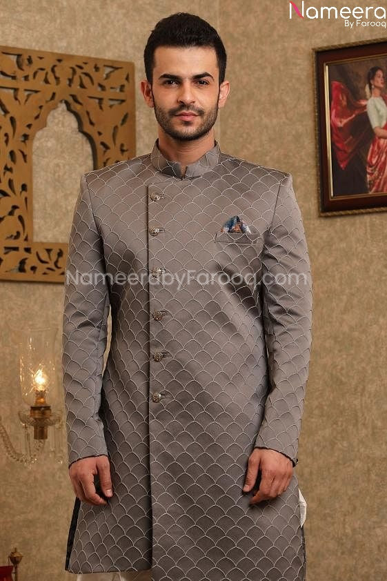 Latest Pakistani Sherwani Designers for Groom Close UP view