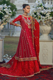 Latest Pakistani Tail Lehenga Frock Bridal Dress in Red