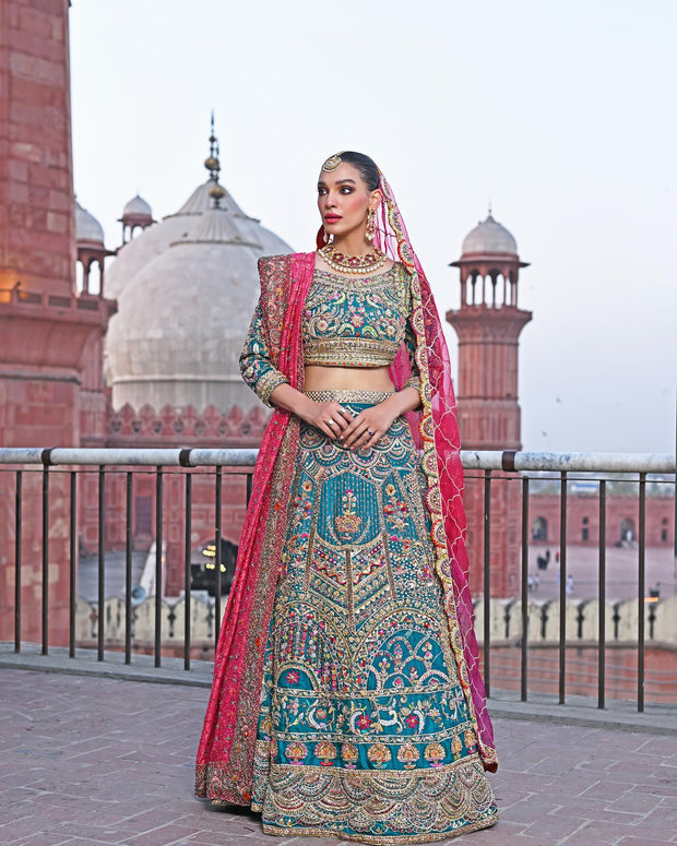 Latest Pakistani Teal Blue Bridal Lehenga Choli and Dupatta