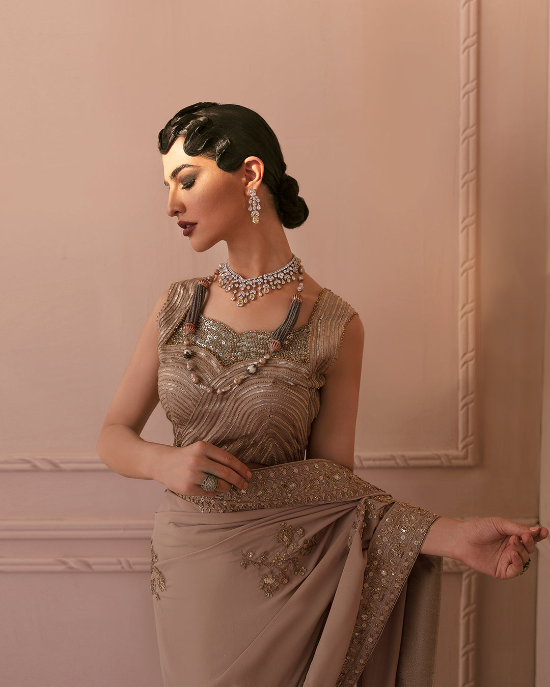 Latest Pakistani Wedding Dress in Embellished Saree Style