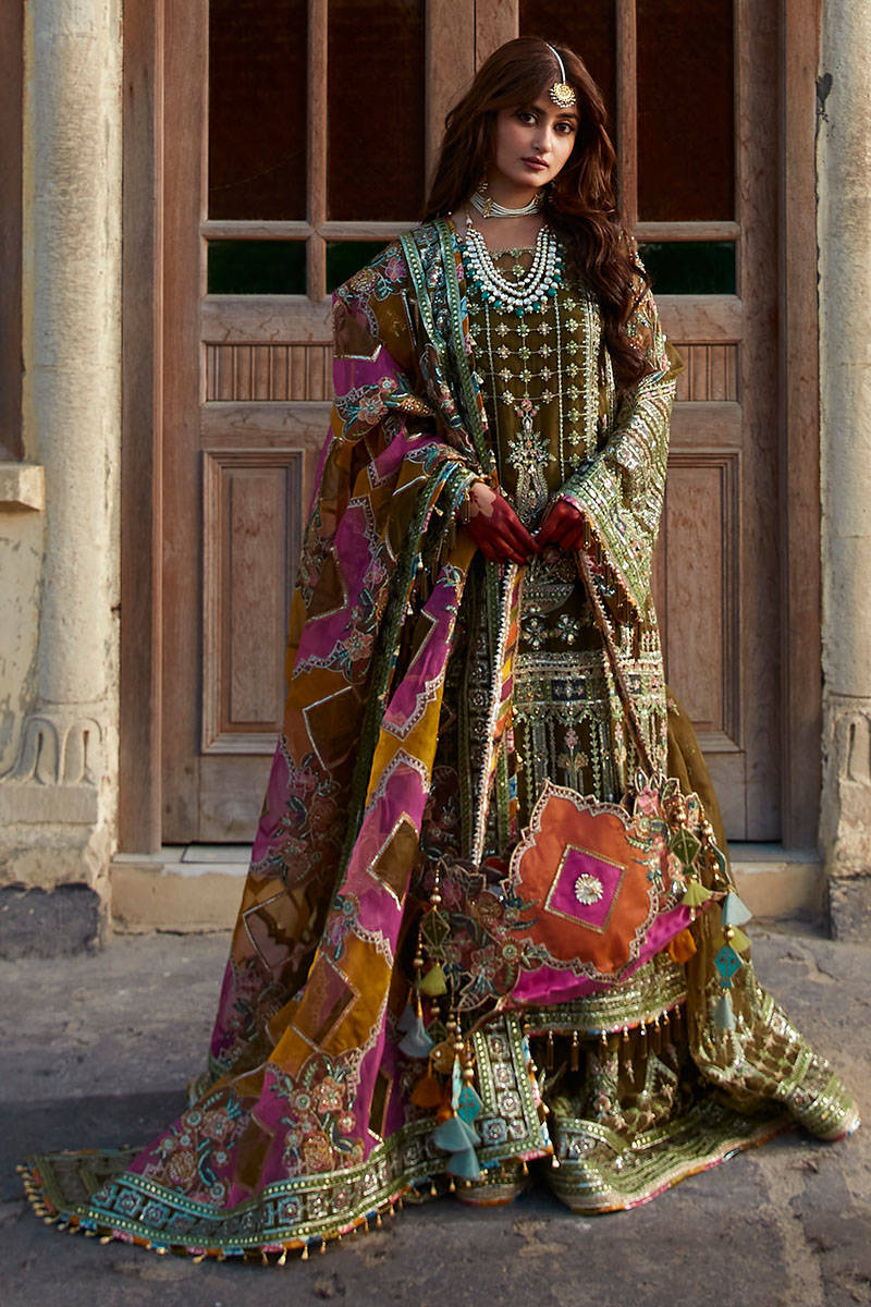 Pakistani Wedding Dress in Green Sharara Kameez Style – Nameera by Farooq