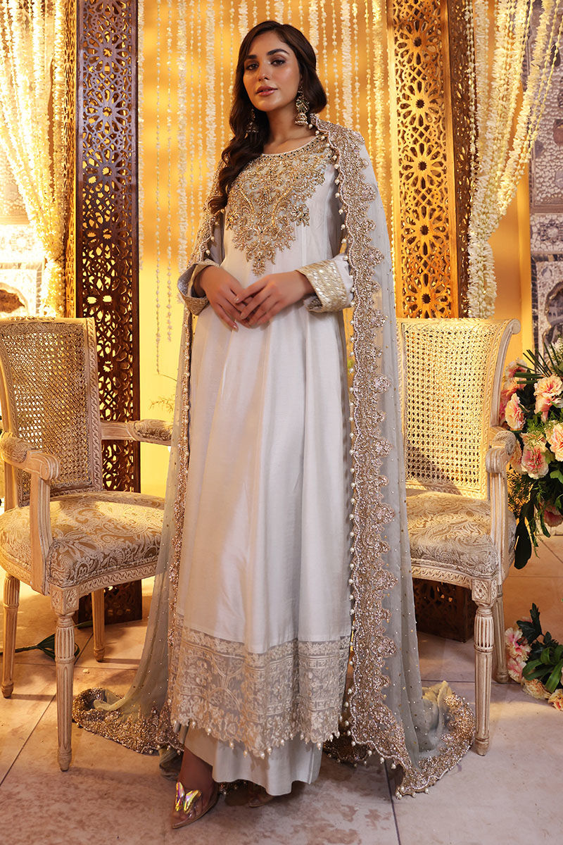 Latest Pakistani Wedding Dress in Silk Pishwas Frock Style