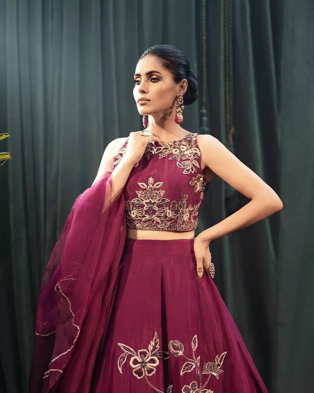 Latest Pakistani Wedding Raw Silk Purple Lehenga Choli Dupatta