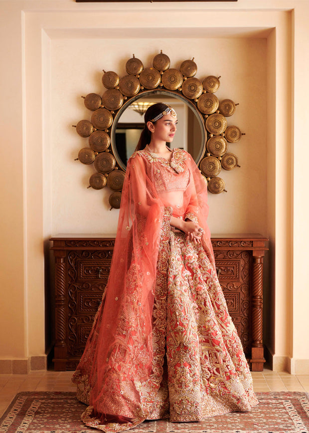 Latest Peach Bridal Lehenga Choli Dupatta Dress in Net Fabric