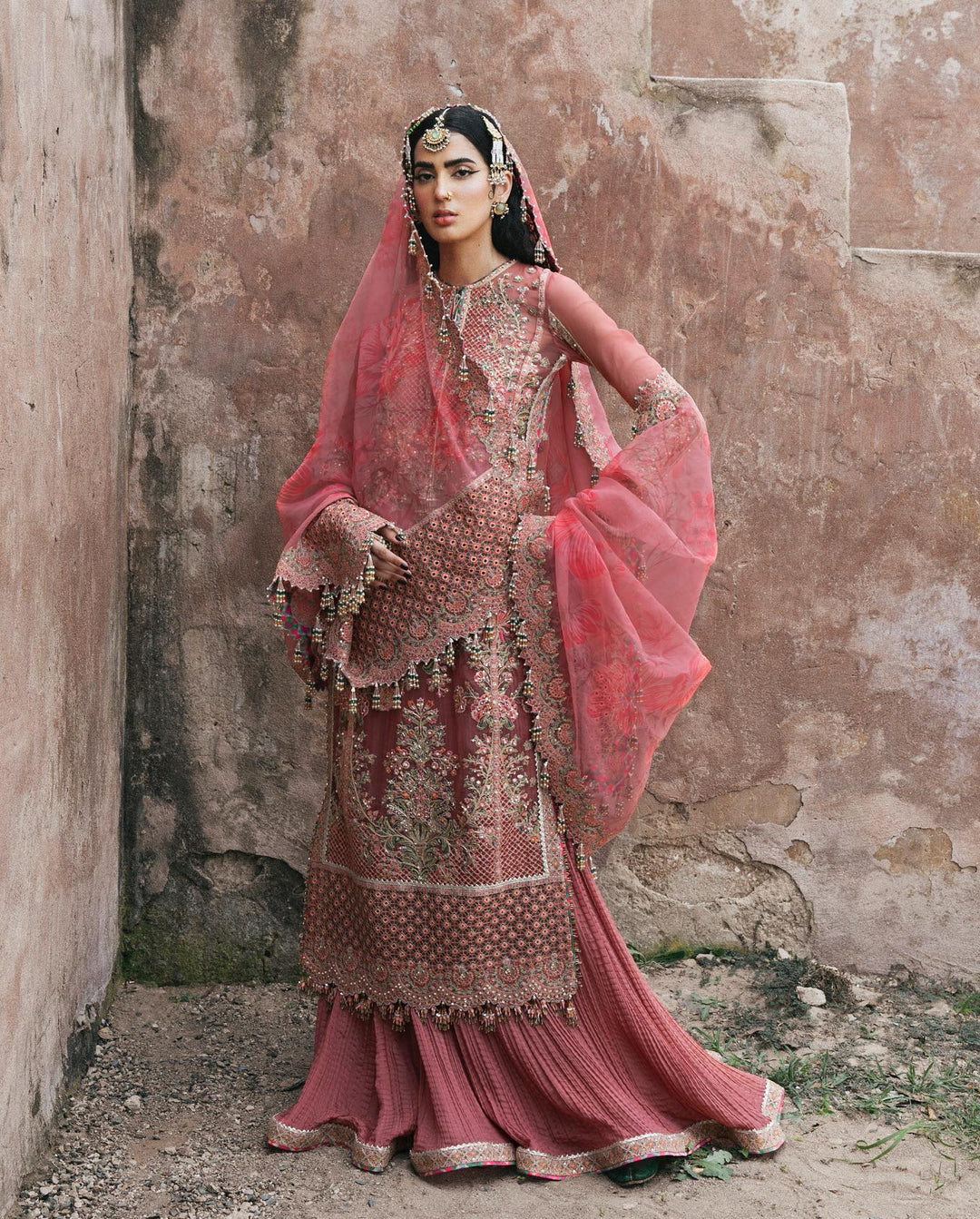 Latest Peach Pakistani Wedding Dress in Kameez Sharara Style