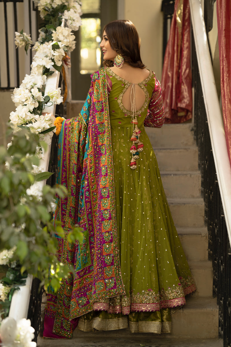 Lime Green Pishwas Frock & Bridal Lehenga - Pakistani Elegance
