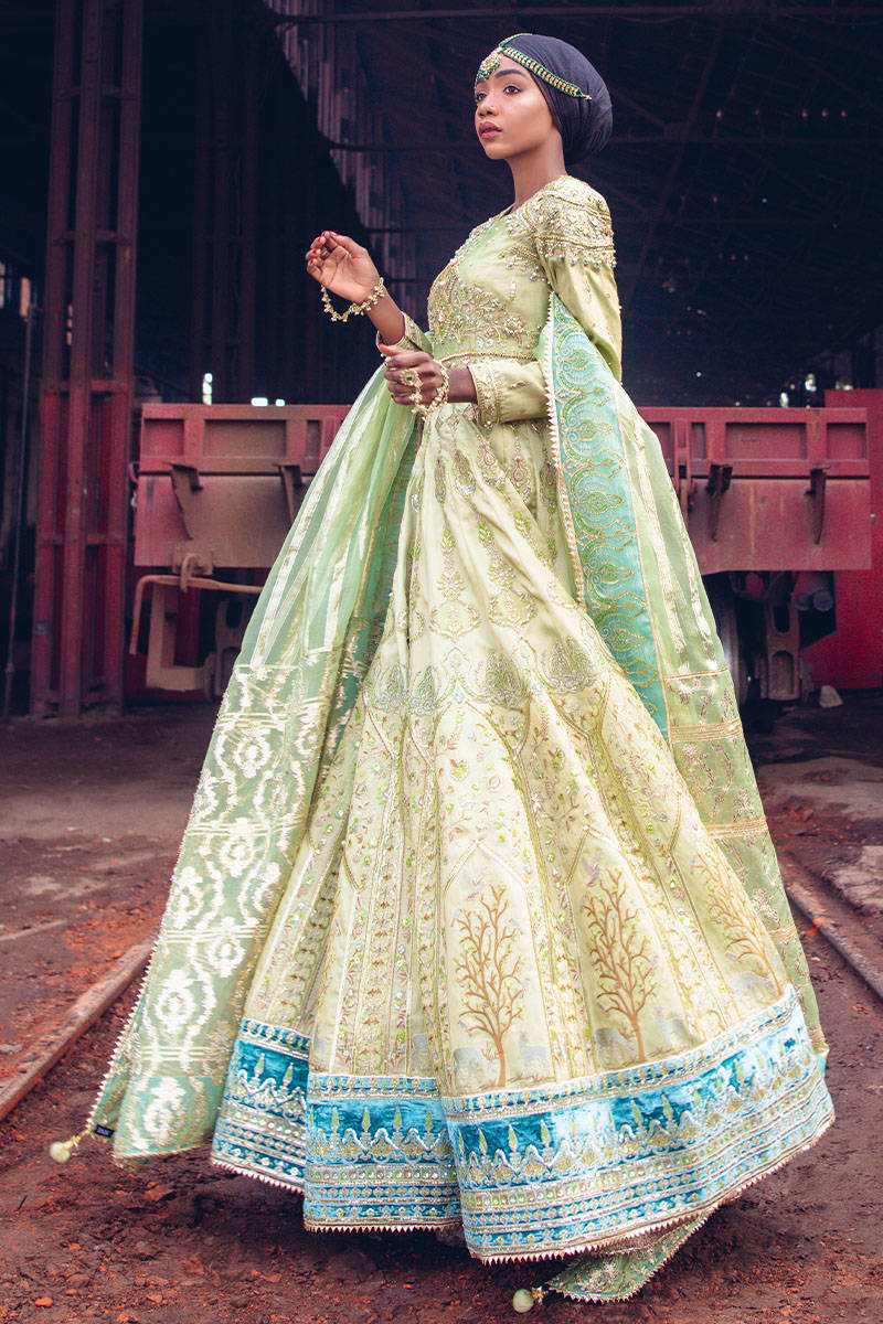 Pistachio Color Dress Pakistani in Traditional Pishwas Style Nameera