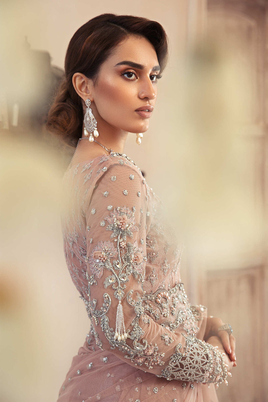 Latest Powder Pink Saree Pakistani Wedding Dress