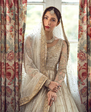 Latest Premium Embellished Double Layered Traditional Pishwas Frock and Dupatta in Ivory Color