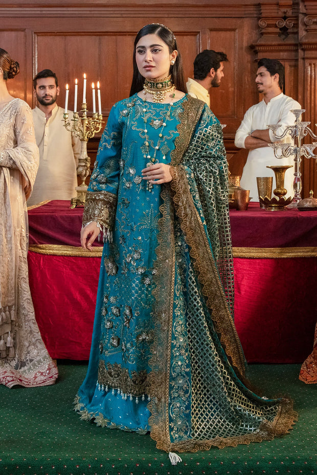 Latest Premium Pakistani Eid Dress in Embroidered Blue Sharara Kameez and Net Dupatta Style
