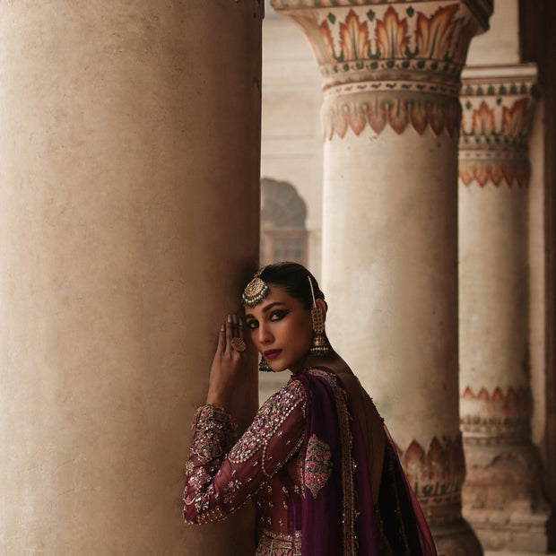 Latest Purple Pakistani Bridal Dress in Pishwas Frock Style