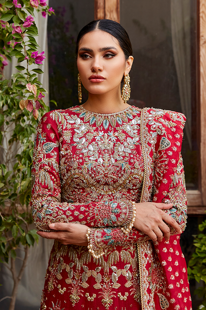 Red Bridal Lehenga Choli Dupatta in Premium Raw Silk – Nameera by Farooq