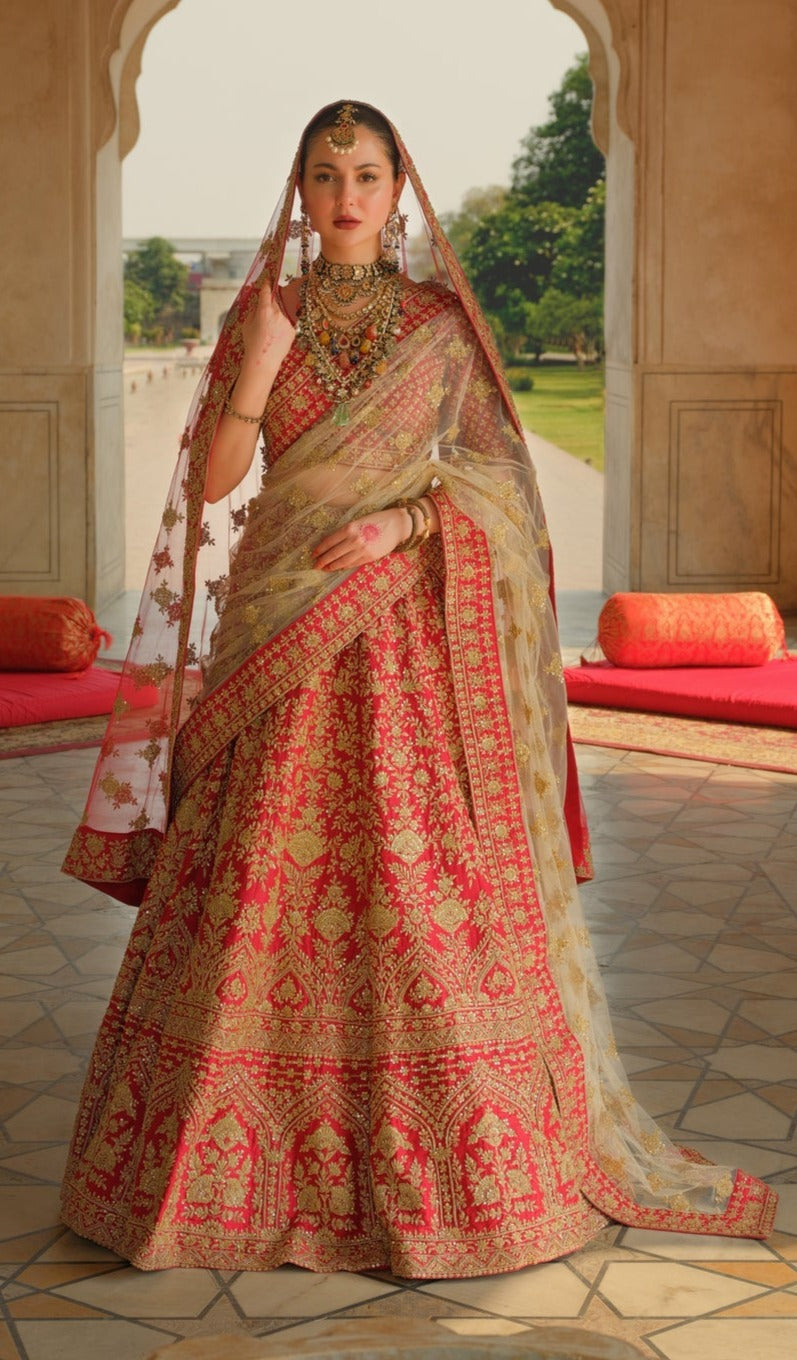 Luxury Red Pakistani Bridal Lehenga Choli in Raw Silk
