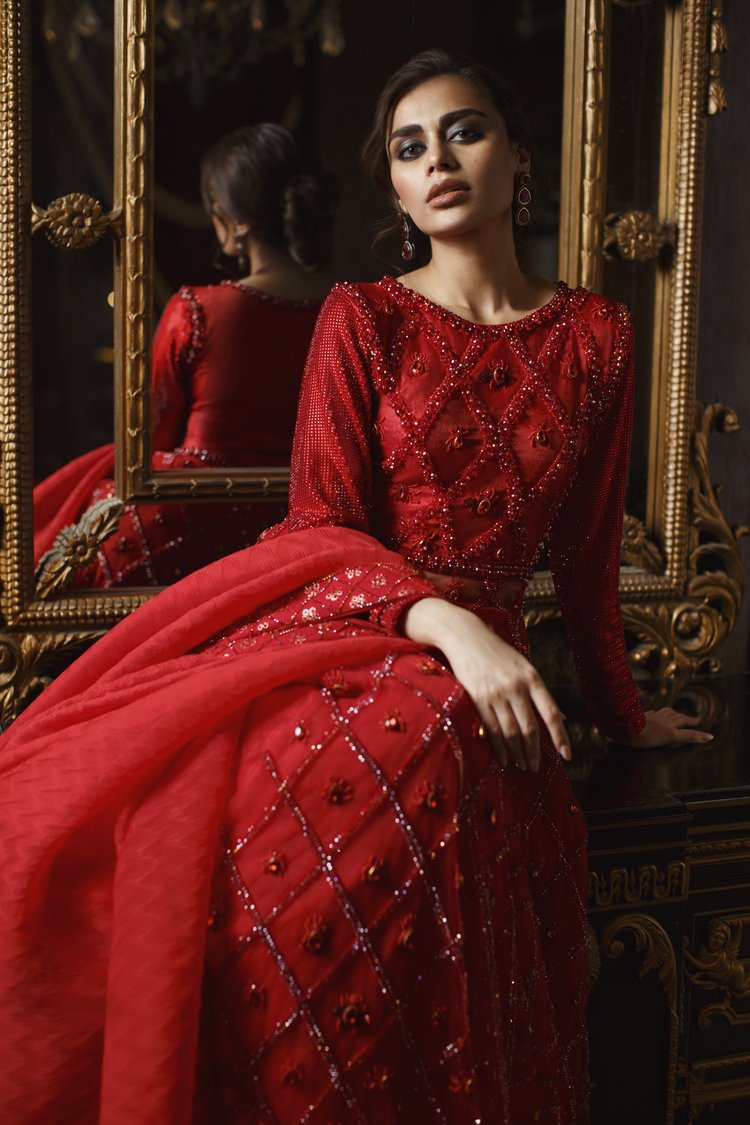 Stunning Red Pakistani Bridal Lehenga Gown with Dupatta