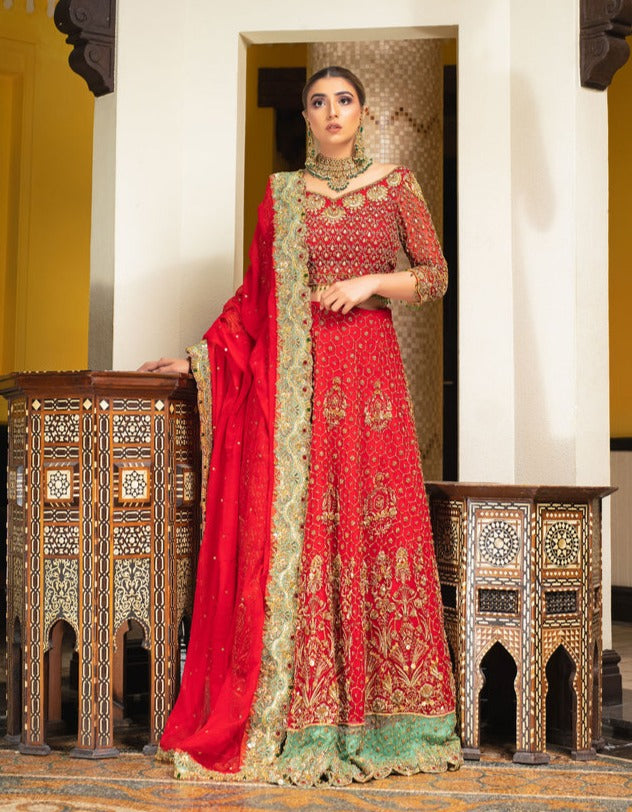 Stunning Red Pakistani Bridal Lehenga with Choli & Dupatta