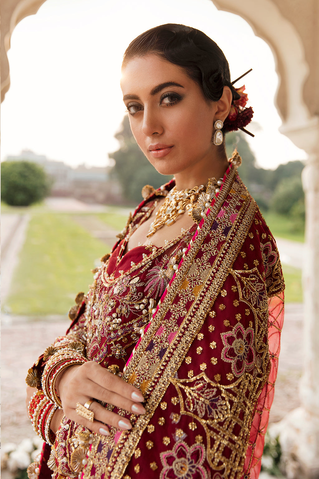 Red Pakistani Bridal Dress in Embellished Gown Style – Nameera by Farooq