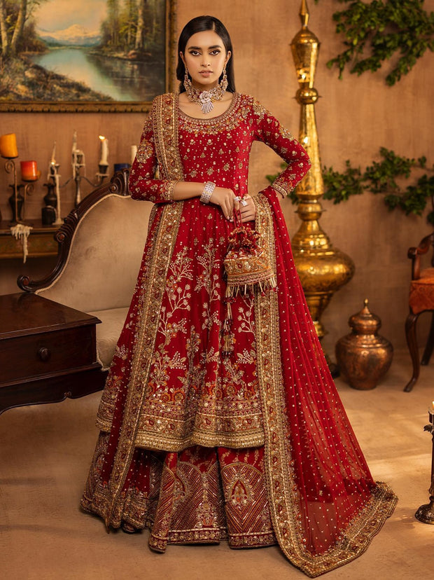 Latest Red Pakistani Bridal Dress in Lehenga and Frock Style