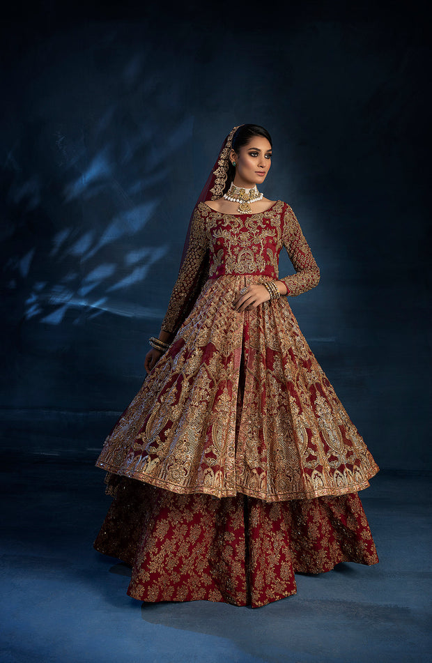 Latest Red Pakistani Bridal Dress in Open Kameez Lehenga Style