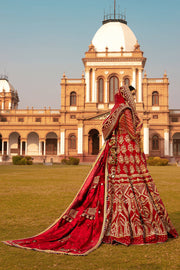 Latest Red Pakistani Bridal Dress in Traditional Pishwas Frock Lehenga Dupatta Style