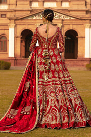 Latest Red Pakistani Bridal Dress in Traditional Pishwas Frock and Lehenga Dupatta Style Online