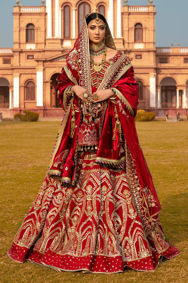 Latest Red Pakistani Bridal Dress in Traditional Pishwas Frock and Lehenga Dupatta Style