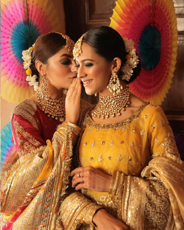 Latest Royal Anarkali Frock Sharara Yellow Mehndi Dress