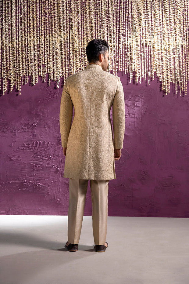 Latest Royal Embroidered Beige Sherwani Pakistani Groom Dress