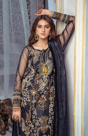 Latest Embroidered Net Kameez Dupatta in Black Color