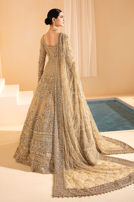 Majestic Golden Pakistan Bridal Dress with Frock & Lehenga