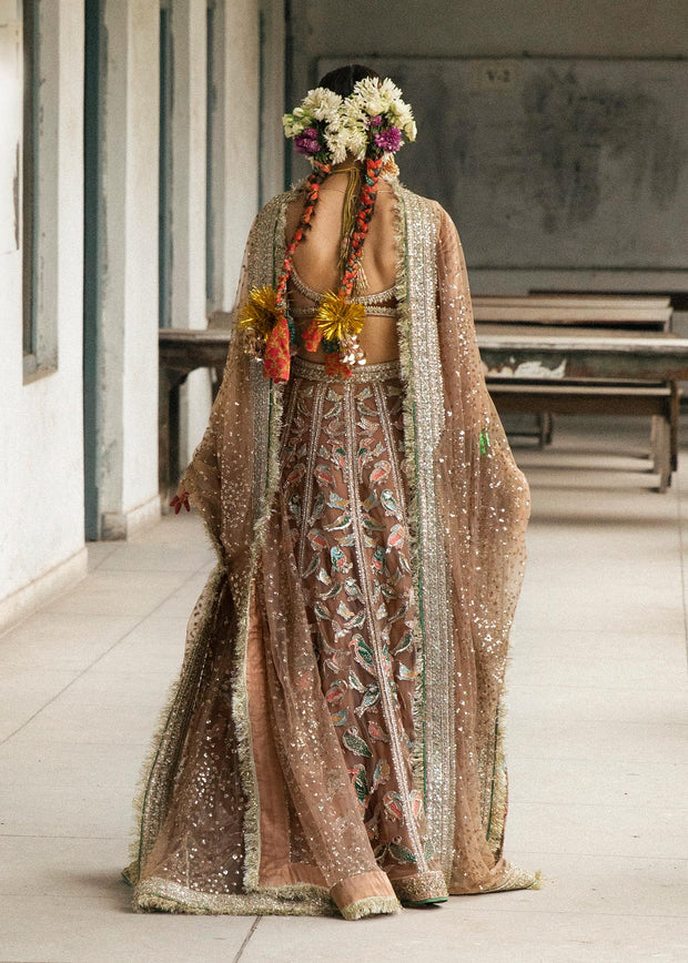 Latest Royal Velvet Choli with Net Lehenga and Dupatta Pakistani Bridal Dress in Beige Gold Color