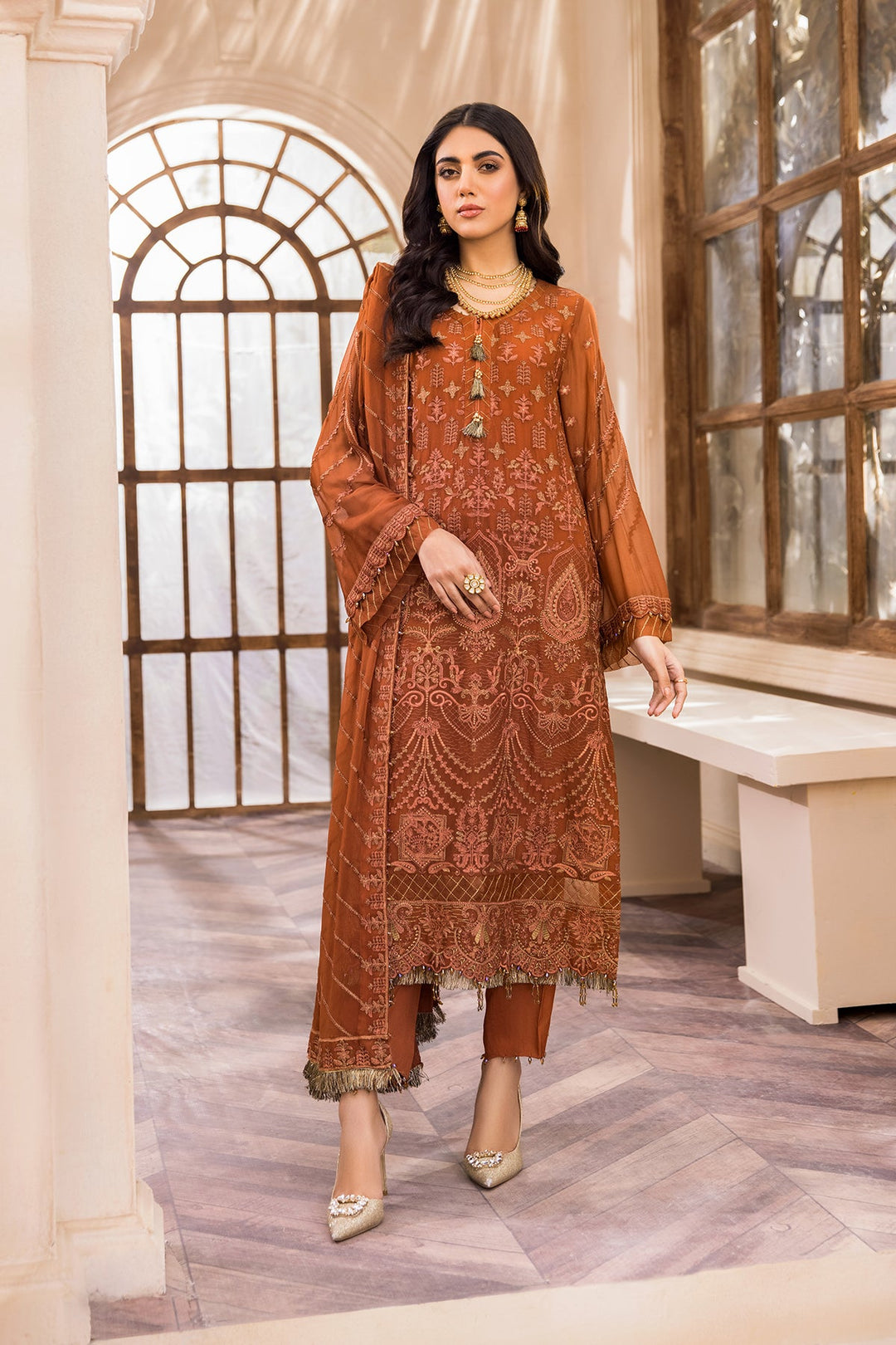 Latest Rusty Orange Salwar Kameez in Chiffon