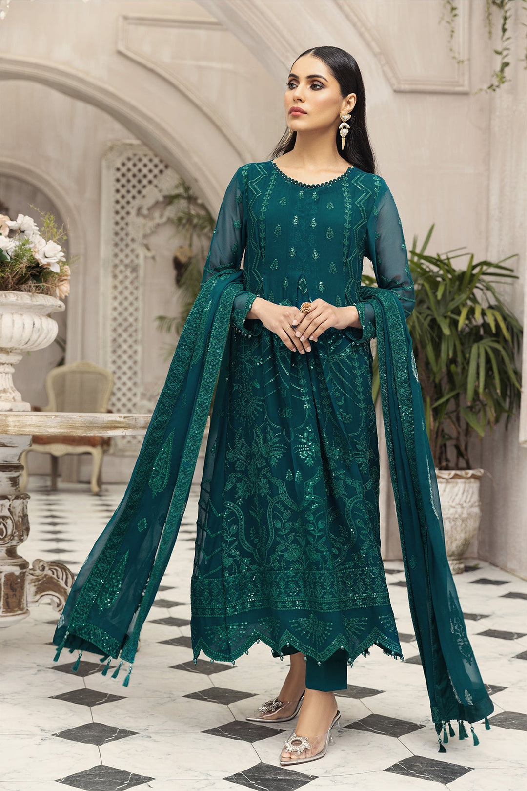 Latest Sea Green Pakistani Dress in Chiffon 2022