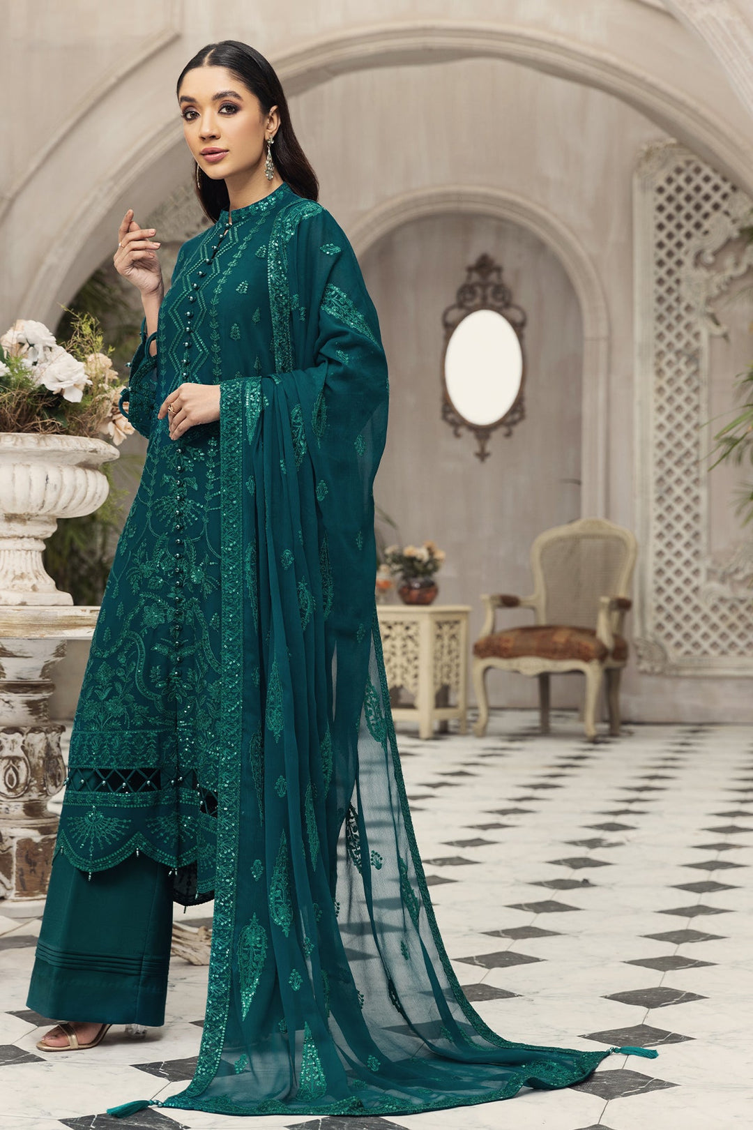 Latest Sea Green Pakistani Dress in Chiffon Online 2022 – Nameera by Farooq