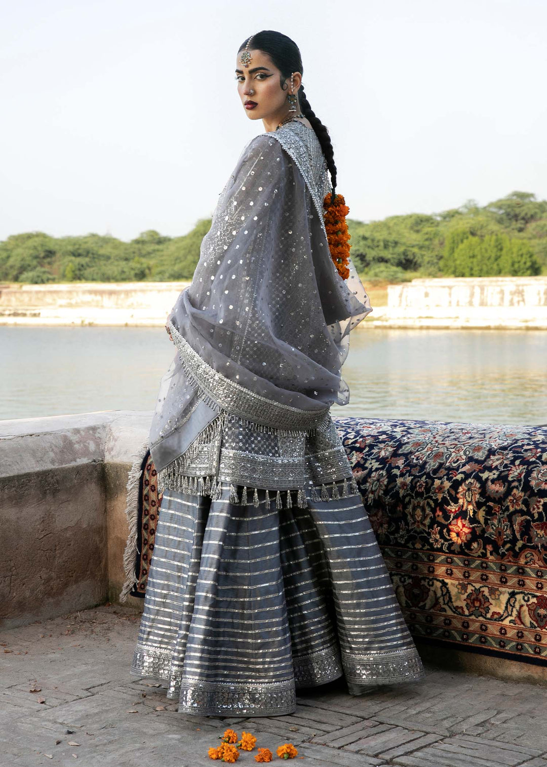 Latest Silk Sharara with Organza Pishwas Frock and Dupatta