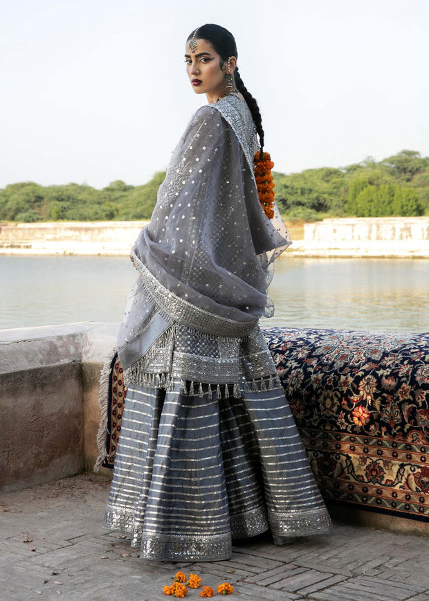 Latest Silk Sharara with Organza Pishwas Frock and Dupatta
