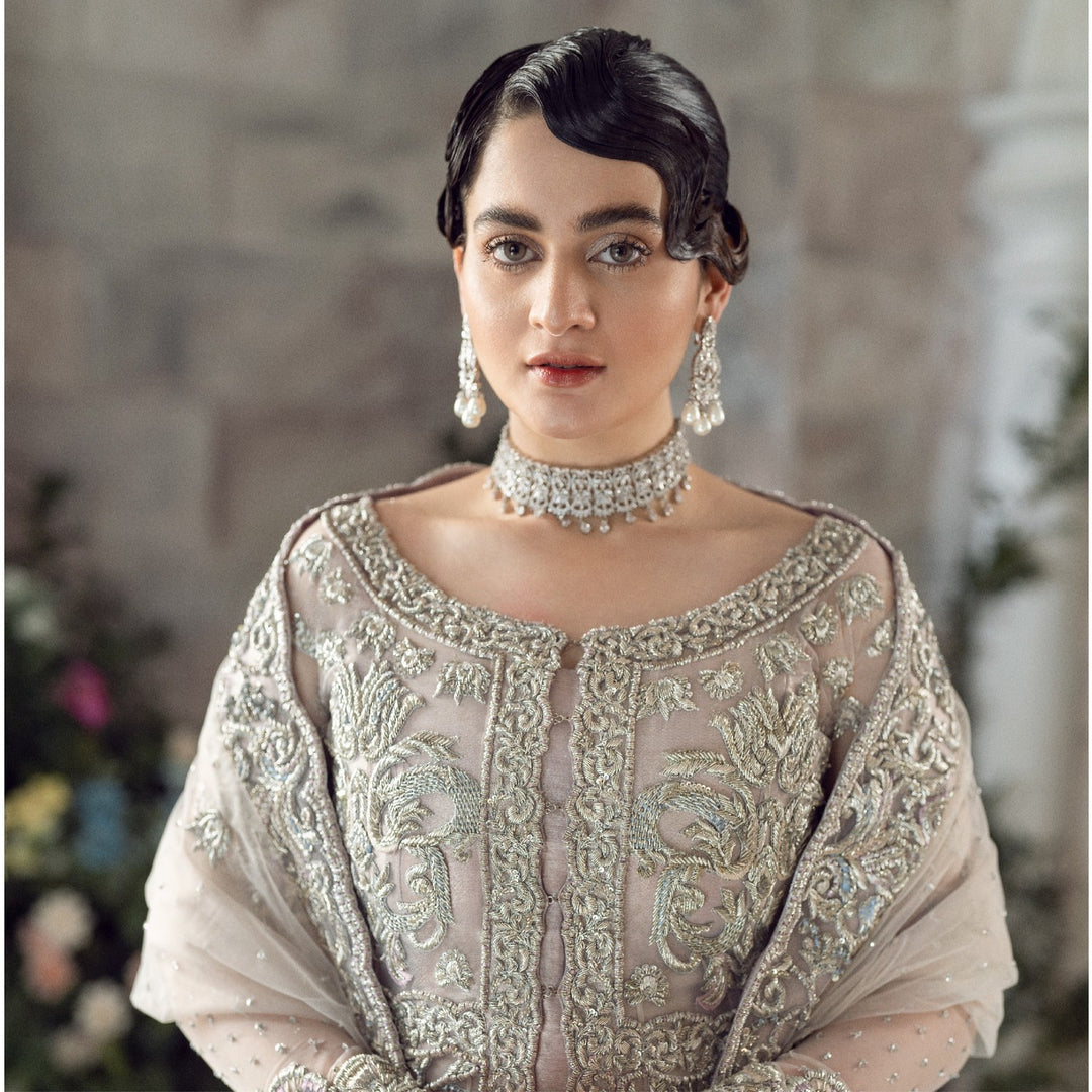 Elegant Silver Pakistani Bridal Dress with Gown Lehenga