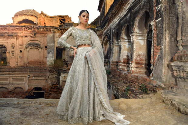 Latest Silver Pakistani Royal Wedding Choli Lehenga Dress