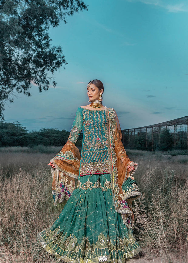 Latest Traditional Emerald Bridal Gharara Kameez Dress