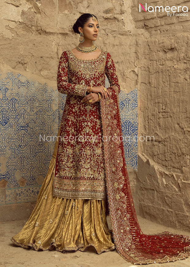 Latest Traditional Gold and Red Bridal Dress Pakistani