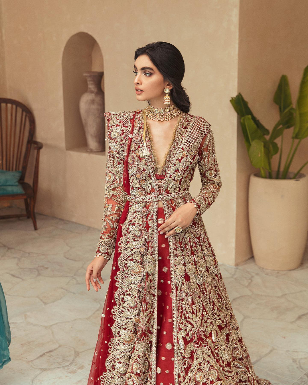 Elegant Red Pakistani Bridal Lehenga Gown Dress