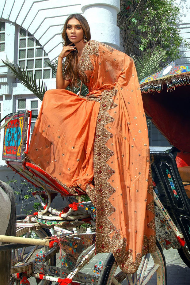 Latest Traditional Pakistani Bridal Chiffon Saree Dress