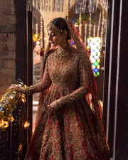Latest Traditional Pishwas Frock with Tissue Lehenga Dupatta Red Pakistani Bridal Dress