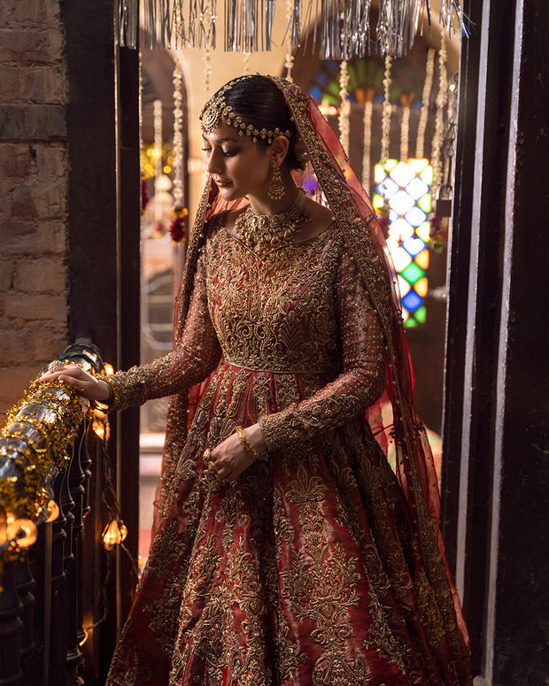 Latest Traditional Pishwas Frock with Tissue Lehenga Dupatta Red Pakistani Bridal Dress